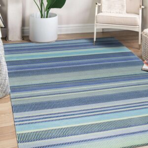Blue, pale blue, and light green striped rug featuring a fine dash pattern on hardwood floors.
