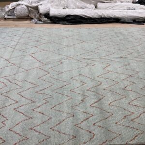 Pale blue shag rug with thin red chevron lines on a wood floor in a storage area.
