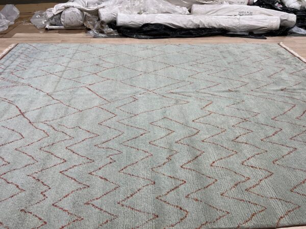 Pale blue shag rug with thin red chevron lines on a wood floor in a storage area.
