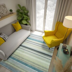 Low-pile rug with fine horizontal stripes in blue, green, and gray under modern living room furniture.