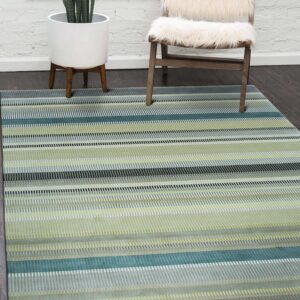 A low-pile rug with teal, lime green, and gray vertical stripes covers a dark wood floor.