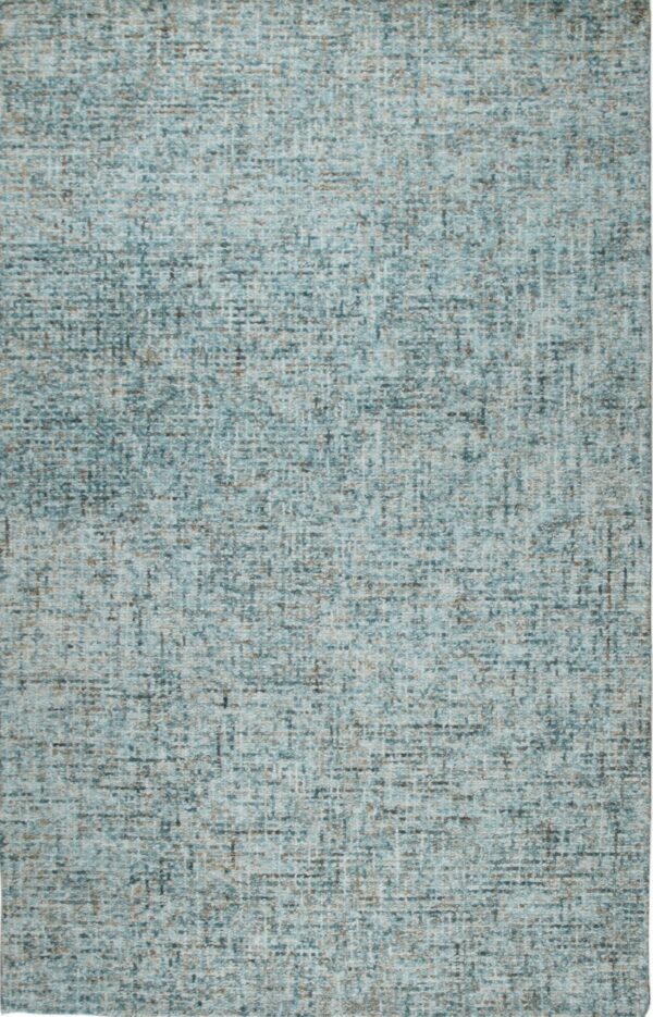Low-pile rug with a dense, textured tweed pattern of speckled blue, teal, white, and taupe colors.