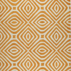Textured high pile rug with a geometric pattern of interlocking orange lines on a cream background.