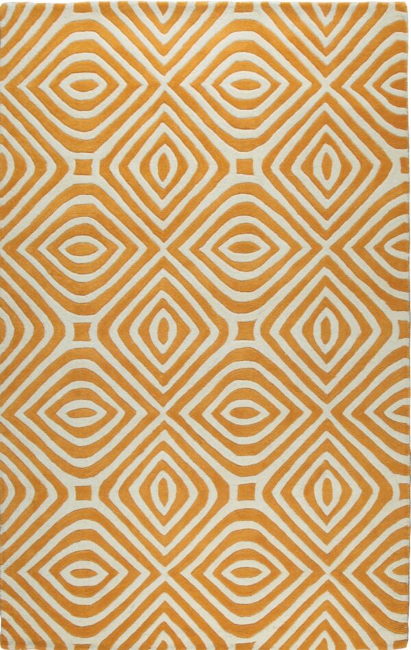 Textured high pile rug with a geometric pattern of interlocking orange lines on a cream background.