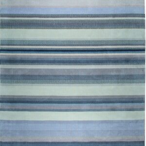 Modern striped rug featuring horizontal bands of solid and segmented blue, gray, and aqua colors.