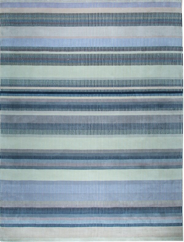 Modern striped rug featuring horizontal bands of solid and segmented blue, gray, and aqua colors.