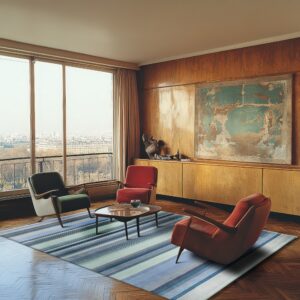 Blue and green striped rug under three vintage armchairs in a room with wood paneling and a city view.