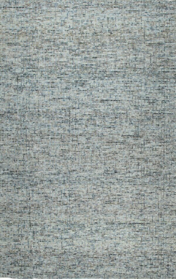 Textured rug with an abstract, variegated pattern of blue, gray, and brown dashes.