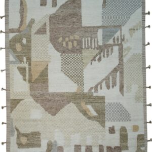 Cream rug with a mixed texture abstract pattern in taupe, brown, and light blue-grey.