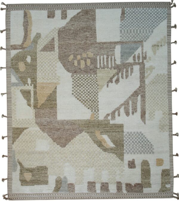 Cream rug with a mixed texture abstract pattern in taupe, brown, and light blue-grey.