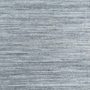 Full view of a low-pile rug with fine horizontal striations in shades of heathered gray and light blue.