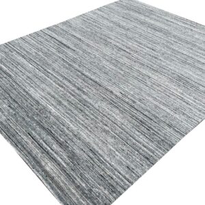 Gray and black rug with thin, closely spaced vertical lines, angled on a white background.