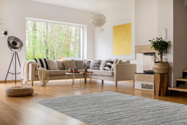 The streaked gray rug defines a modern living area with light hardwood floors and a beige sectional.