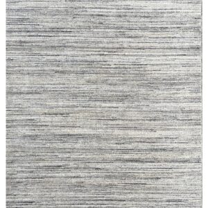 Low pile gray rug featuring a highly striated horizontal linear pattern in mixed colors.