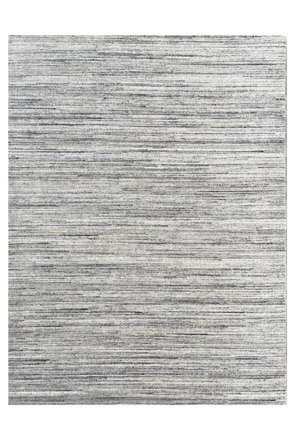 Low pile gray rug featuring a highly striated horizontal linear pattern in mixed colors.