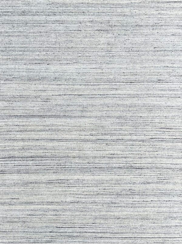 Gray and white variegated rug featuring pronounced horizontal lines and a ribbed texture.