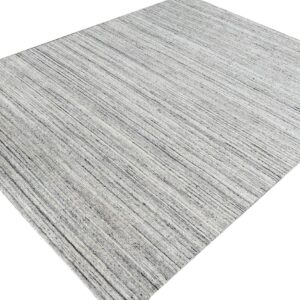 Rectangular rug featuring a striated design of fine gray, charcoal, and white linear texture.