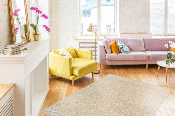 A beige woven rug with a chevron pattern rests on a wood floor in a brightly lit room.