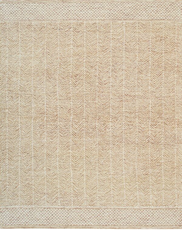 Beige and cream low-pile rug with a vertical chevron field and geometric patterned borders.