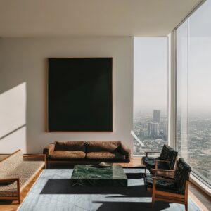 Light blue patterned rug on wood parquet flooring, surrounded by brown and black leather furniture.