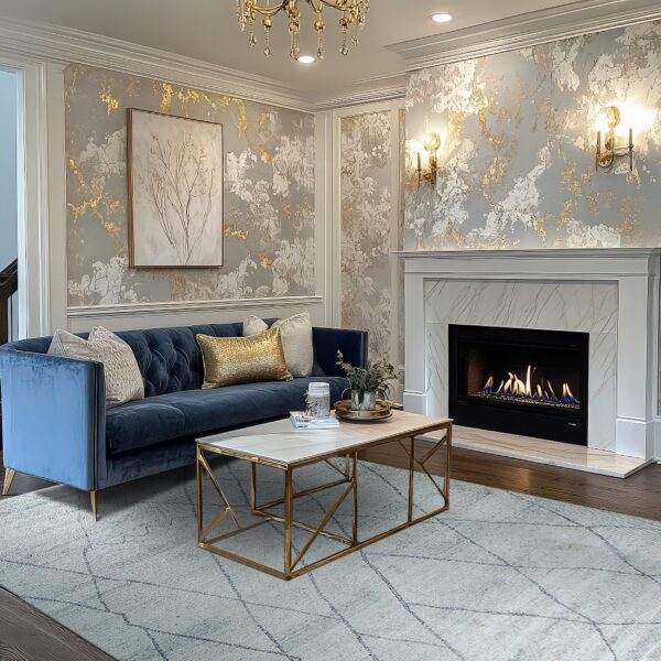 A light blue geometric rug grounds a luxurious room featuring a navy velvet sofa and gold coffee table.