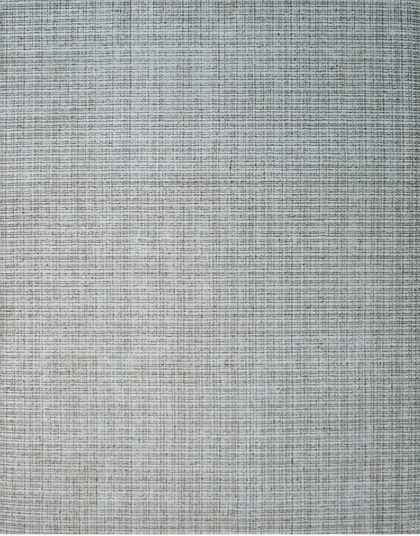 A tightly woven, textured rug in light grey with thin, dark intersecting horizontal and vertical lines.