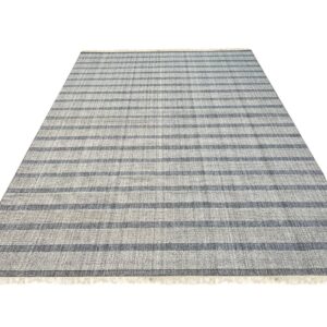 Gray and light gray textured rug featuring thick horizontal stripes and short fringe on a white background.
