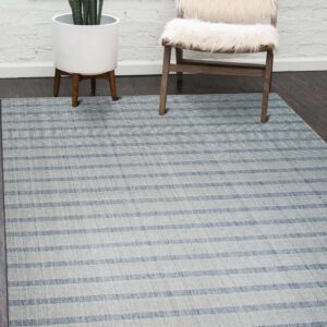Light gray striped rug sits on dark wood floors next to a furry chair and a potted plant.