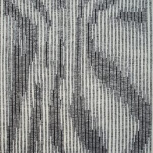 Abstract rug featuring textured vertical stripes in white, light gray, and charcoal tones.