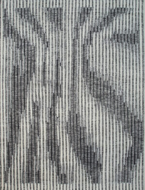Abstract rug featuring textured vertical stripes in white, light gray, and charcoal tones.
