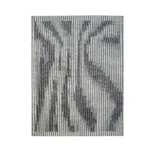 Abstract rug with varying vertical stripes in charcoal gray and white colors.