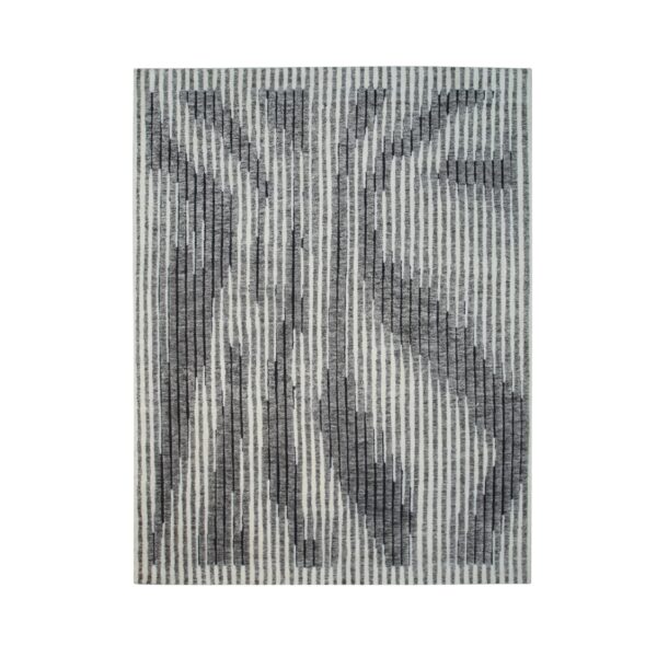 Abstract rug with varying vertical stripes in charcoal gray and white colors.