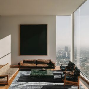 A striped gray rug grounds a modern seating area with a marble table and expansive cityscape view.