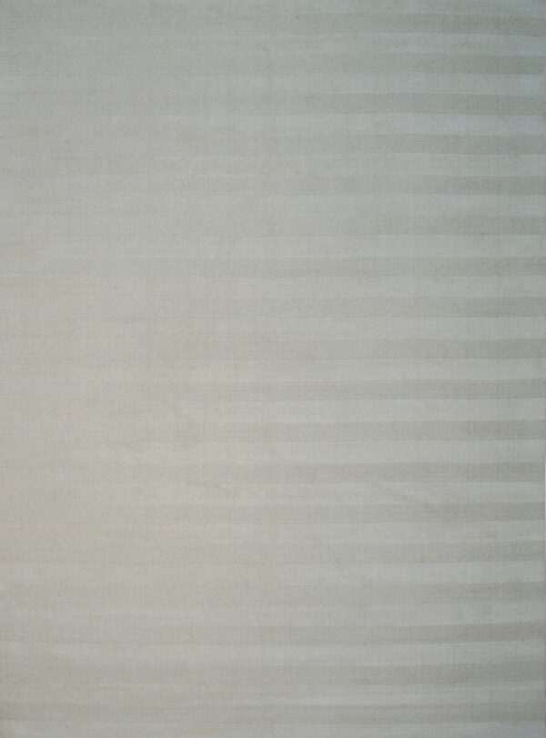 A full overhead view of a light gray rug featuring subtle horizontal striped bands.