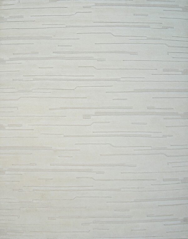Cream rug with a subtle, textured modern pattern of recessed horizontal stripes and dashes in light gray.