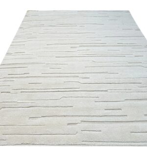 Textured cream-colored rug featuring abstract broken horizontal lines against a white backdrop.