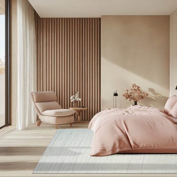 A white rug with subtle abstract striping contrasts with pink bedding and tan wood walls.
