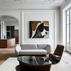 A rectangular light cream rug with faint dashed linear patterns sits on parquet wood flooring.