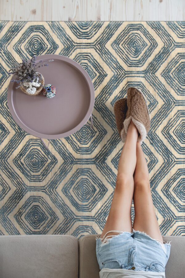 A textured blue and cream rug with a geometric hexagonal pattern underlies a person's legs and slippers.