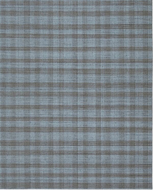 Textured flatweave rug in muted blue and grayish-brown featuring a subtle checked pattern.