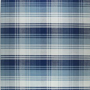 Blue, navy, and white plaid rug featuring intersecting horizontal and vertical stripes.