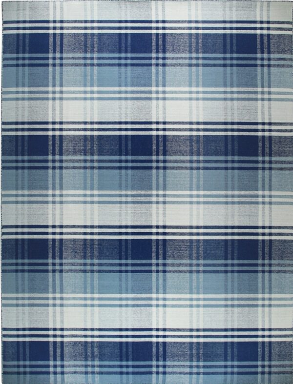 Blue, navy, and white plaid rug featuring intersecting horizontal and vertical stripes.