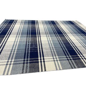Woven plaid rug displaying shades of navy, medium blue, and cream in a flat texture.