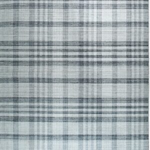 A low-pile rug featuring a textured plaid pattern in charcoal gray and light gray tones.