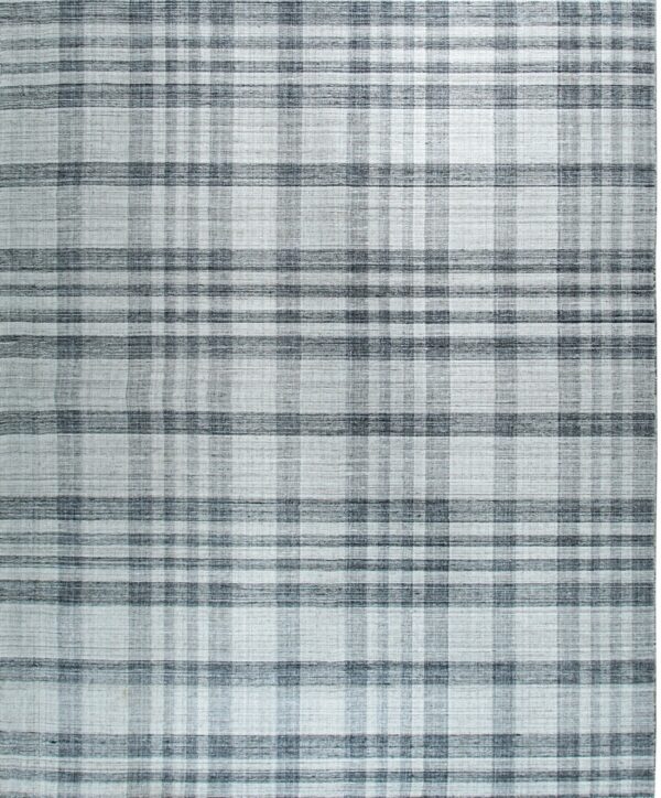 A low-pile rug featuring a textured plaid pattern in charcoal gray and light gray tones.