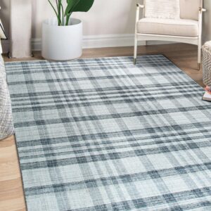 A light blue and charcoal plaid rug covers a wood floor next to a white upholstered accent chair and plant.
