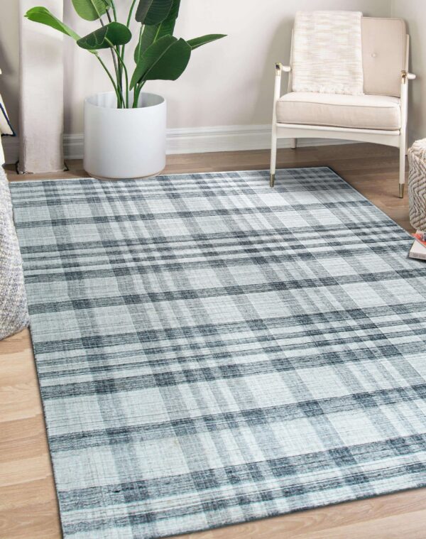 A light blue and charcoal plaid rug covers a wood floor next to a white upholstered accent chair and plant.