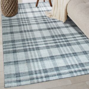 Blue and gray plaid area rug displayed on light wood floor near a beige couch and woven basket.