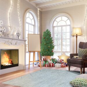 Blue and white flatweave rug featuring a herringbone pattern on light hardwood flooring in a festive room.