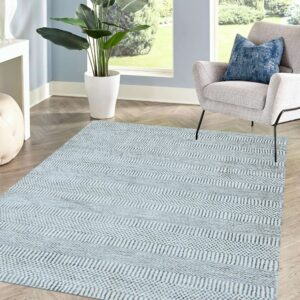 Pale blue striped rug with woven texture rests on light wood floors near a gray chair and window.